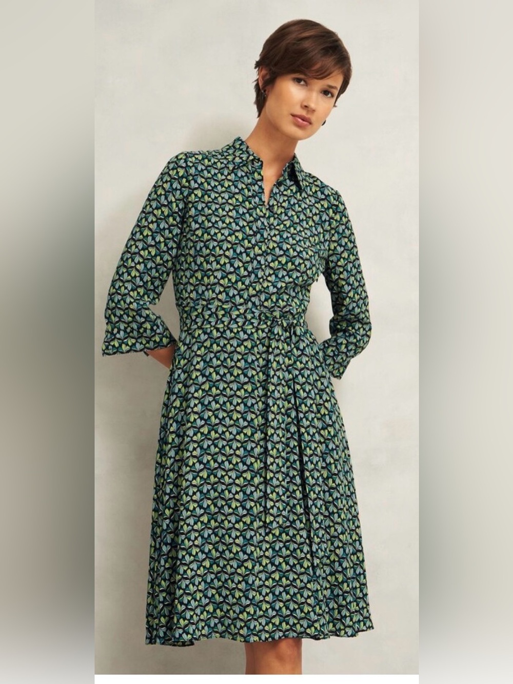 Hobbs Floral Tie-Waist Midi Dress in Black & Green Size small